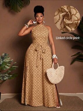 Halter Neck Linked Circle Print Maxi Dress - Beige